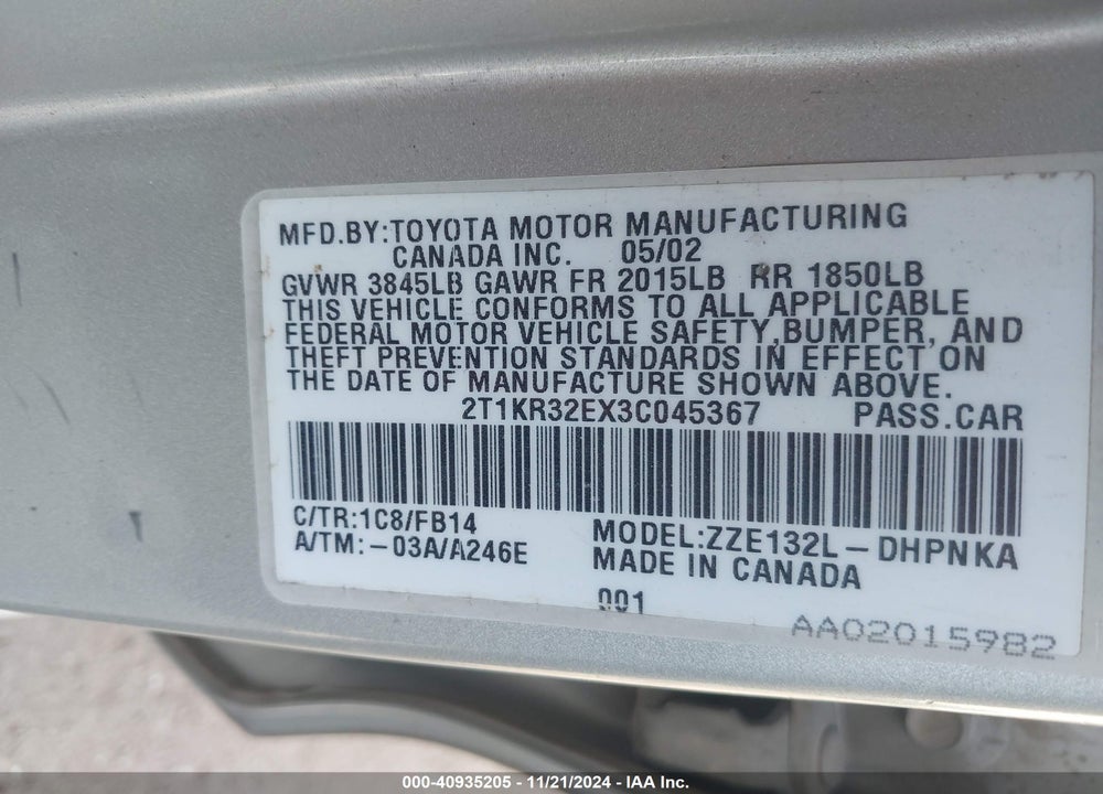 2003 TOYOTA MATRIX/XR VIN: 2T1KR32EX3C045367