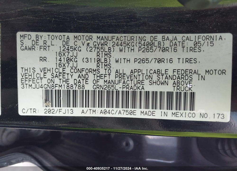 2015 TOYOTA TACOMA DOUBLE CAB PRERUNNER VIN: 3TMJU4GN8FM188788
