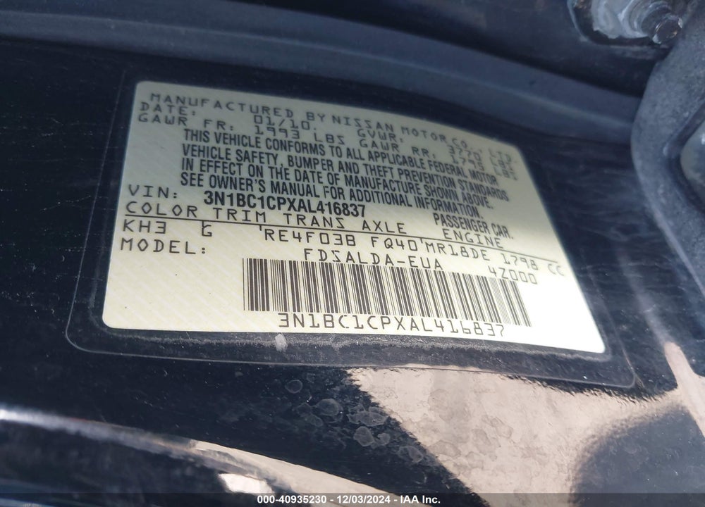 2010 NISSAN VERSA 1.8S VIN: 3N1BC1CPXAL416837