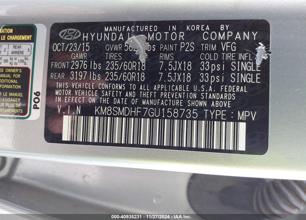 2016 HYUNDAI SANTA FE SE VIN: KM8SMDHF7GU158735