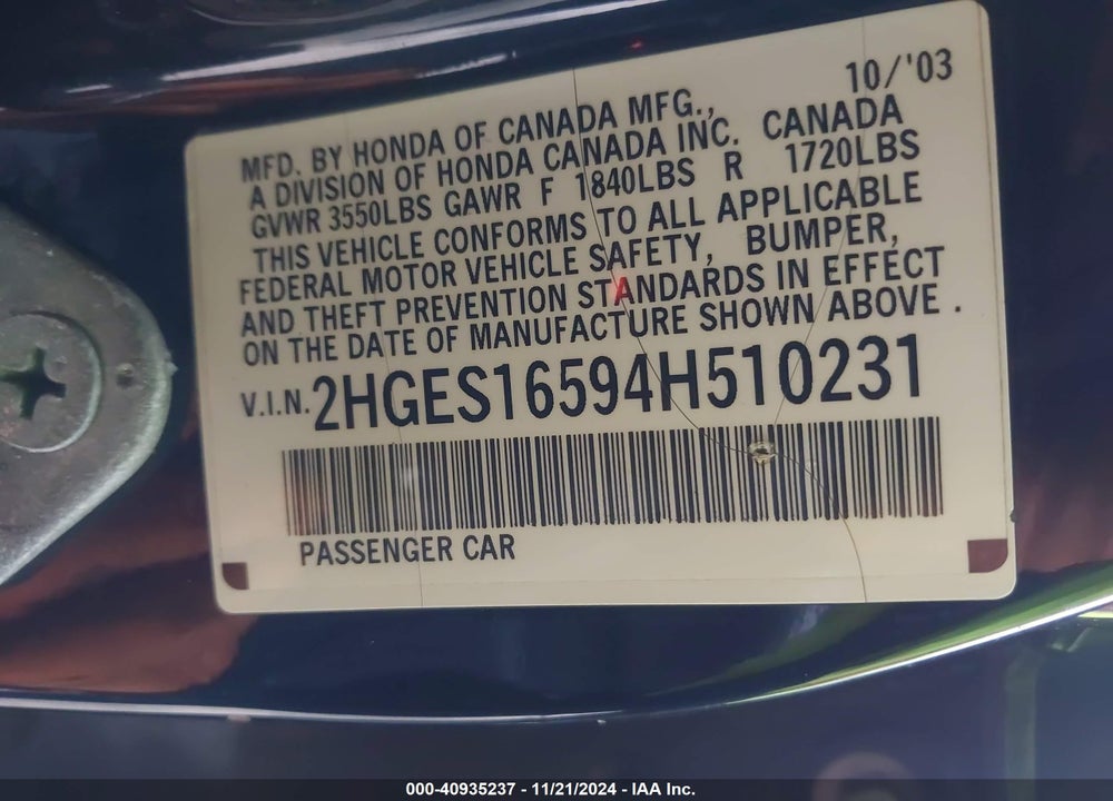 2004 HONDA CIVIC LX VIN: 2HGES16594H510231
