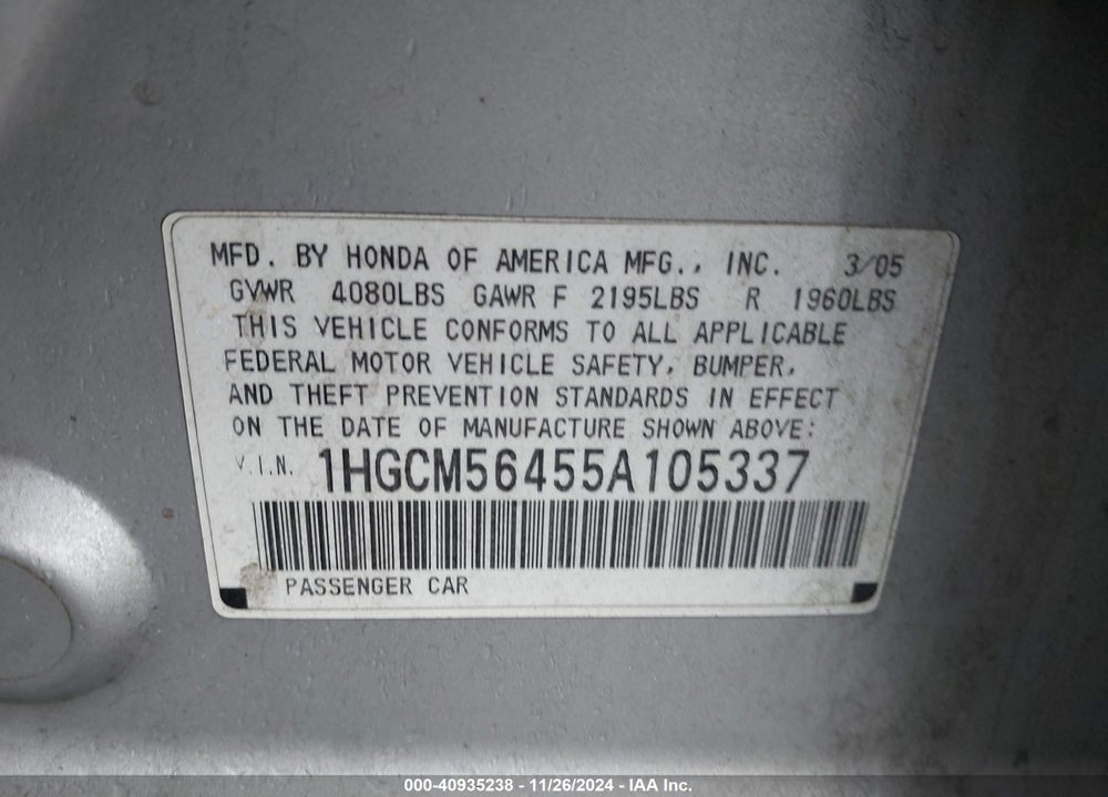 2005 HONDA ACCORD 2.4 LX VIN: 1HGCM56455A105337
