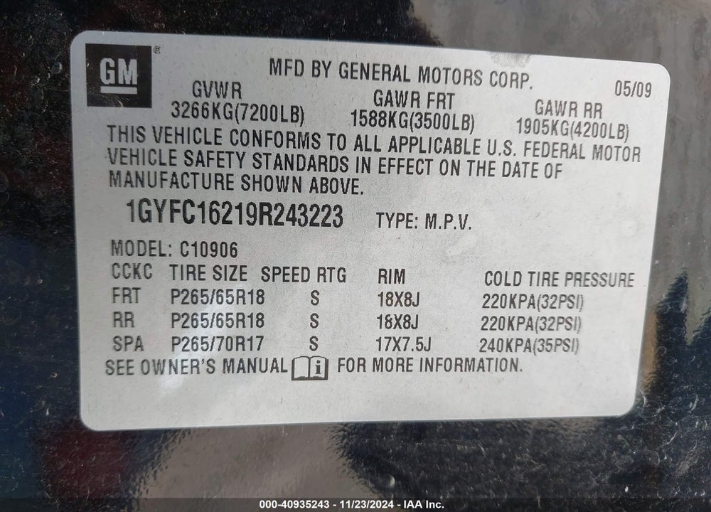 2009 CADILLAC ESCALADE ESV STANDARD VIN: 1GYFC16219R243223