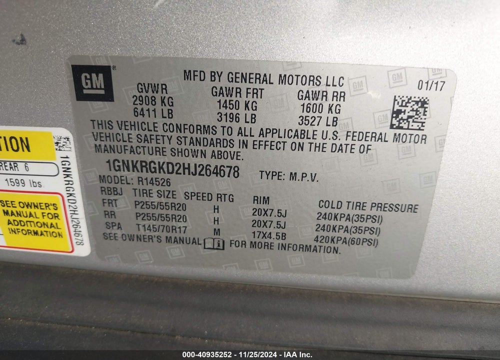 2017 CHEVROLET TRAVERSE 1LT VIN: 1GNKRGKD2HJ264678