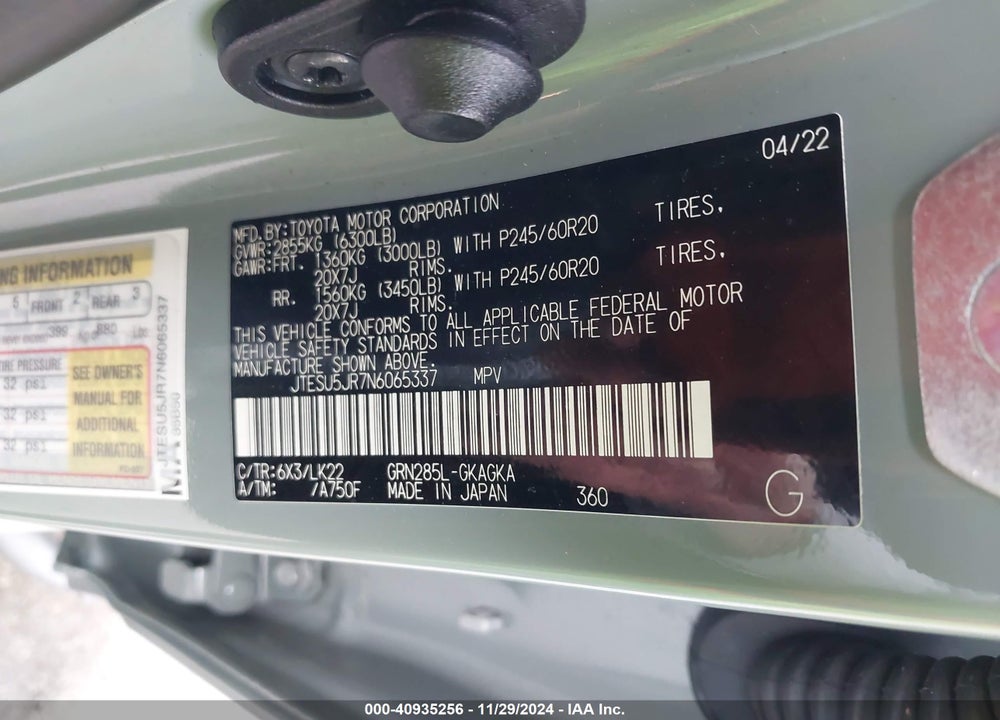 2022 TOYOTA 4RUNNER TRD SPORT VIN: JTESU5JR7N6065337