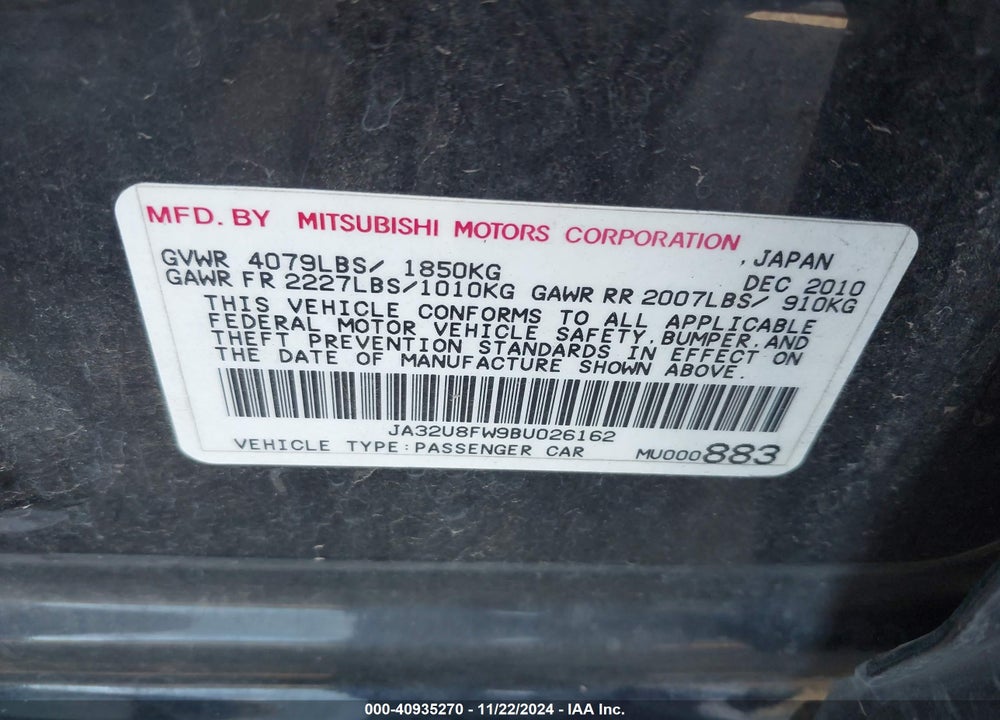 2011 MITSUBISHI LANCER GTS VIN: JA32U8FW9BU026162