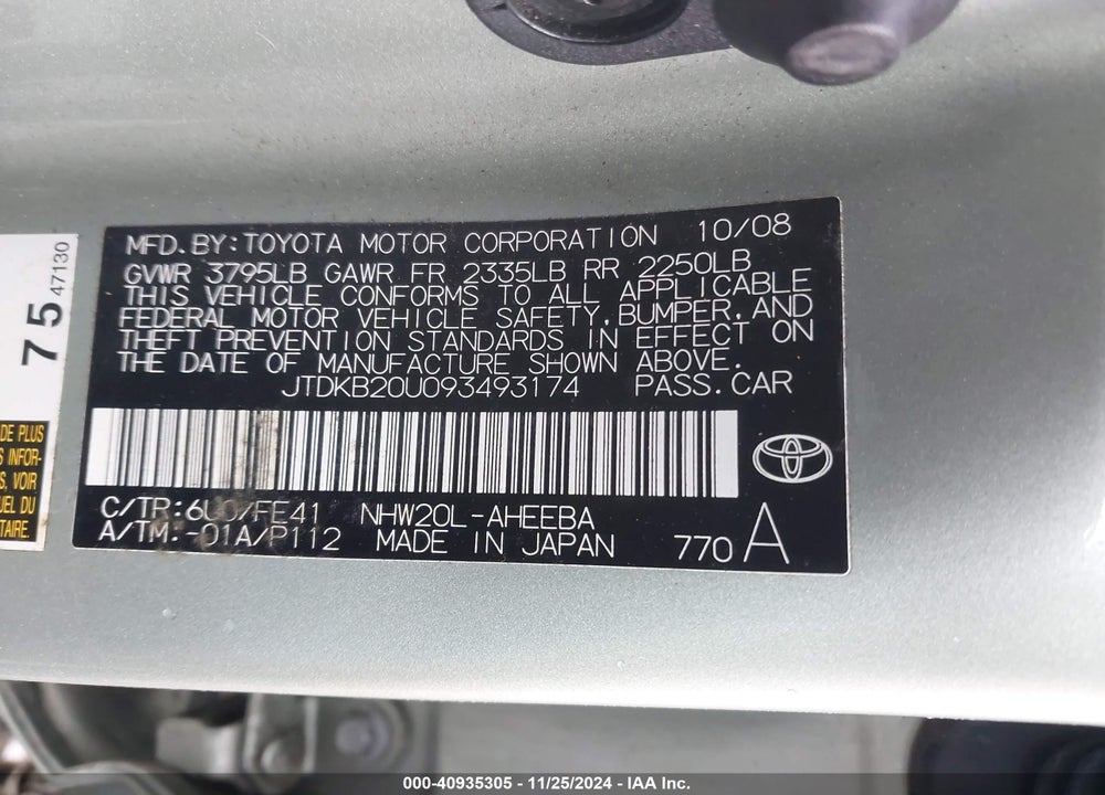 2009 TOYOTA PRIUS VIN: JTDKB20U093493174