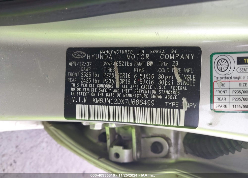 2007 HYUNDAI TUCSON LIMITED/SE VIN: KM8JN12DX7U688499