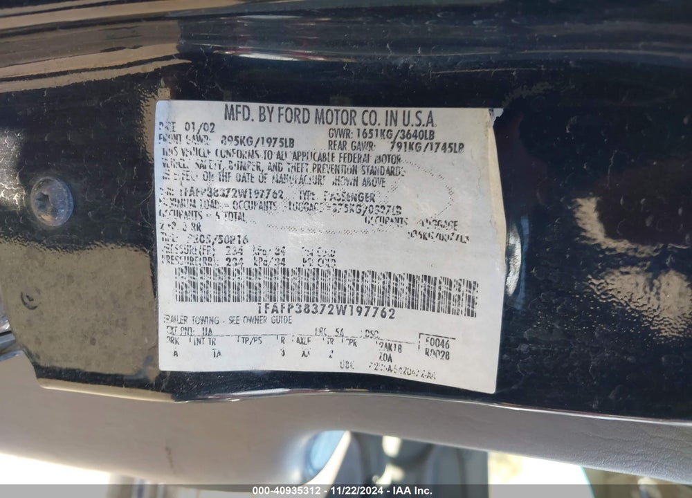 2002 FORD FOCUS ZTS VIN: 1FAFP38372W197762