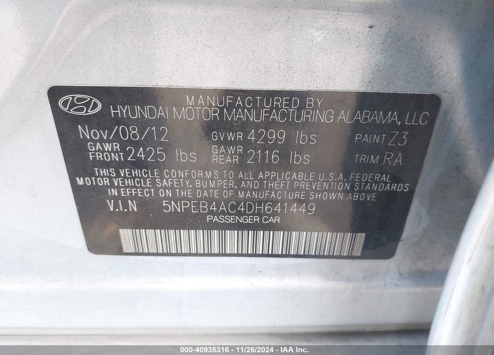 2013 HYUNDAI SONATA GLS VIN: 5NPEB4AC4DH641449