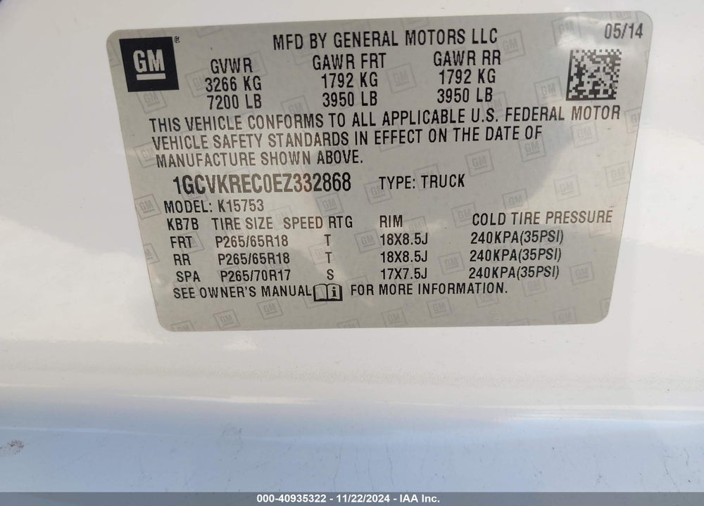 2014 CHEVROLET SILVERADO 1500 1LT VIN: 1GCVKREC0EZ332868