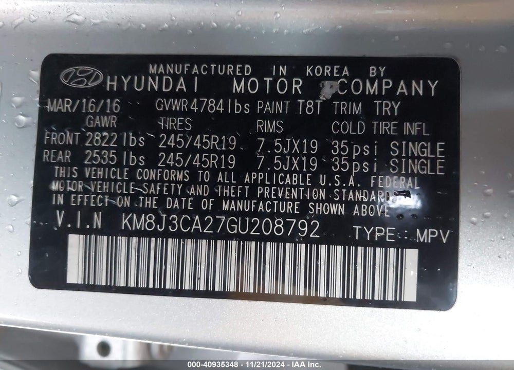 2016 HYUNDAI TUCSON LIMITED VIN: KM8J3CA27GU208792