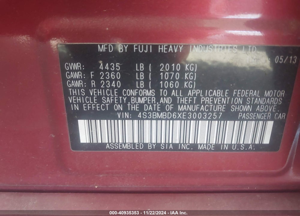 2014 SUBARU LEGACY VIN: 4S3BMBD6XE3003257