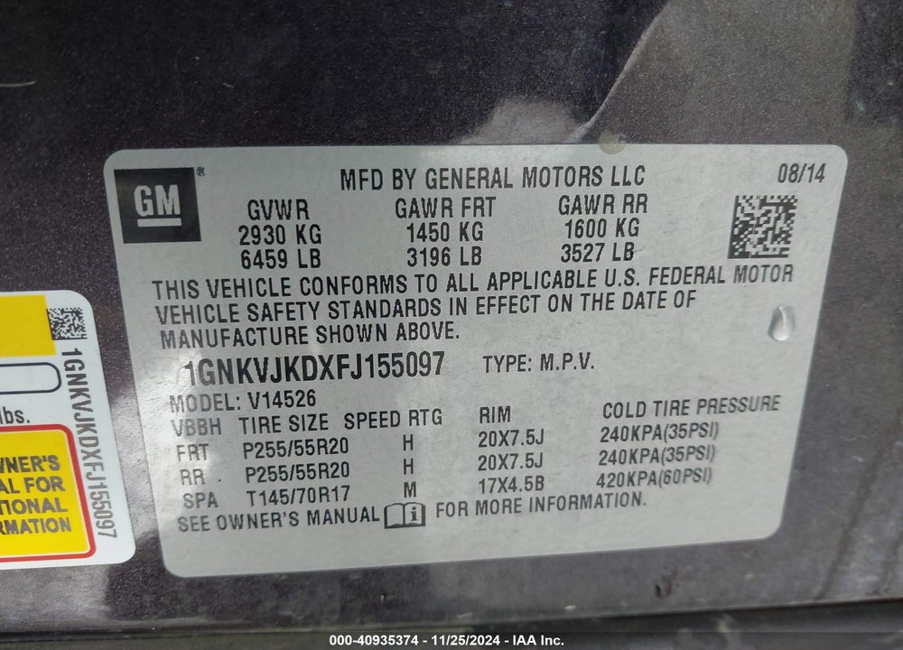 2015 CHEVROLET TRAVERSE LTZ VIN: 1GNKVJKDXFJ155097