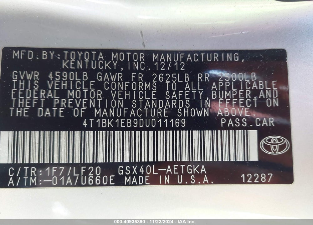 2013 TOYOTA AVALON XLE PREMIUM VIN: 4T1BK1EB9DU011169