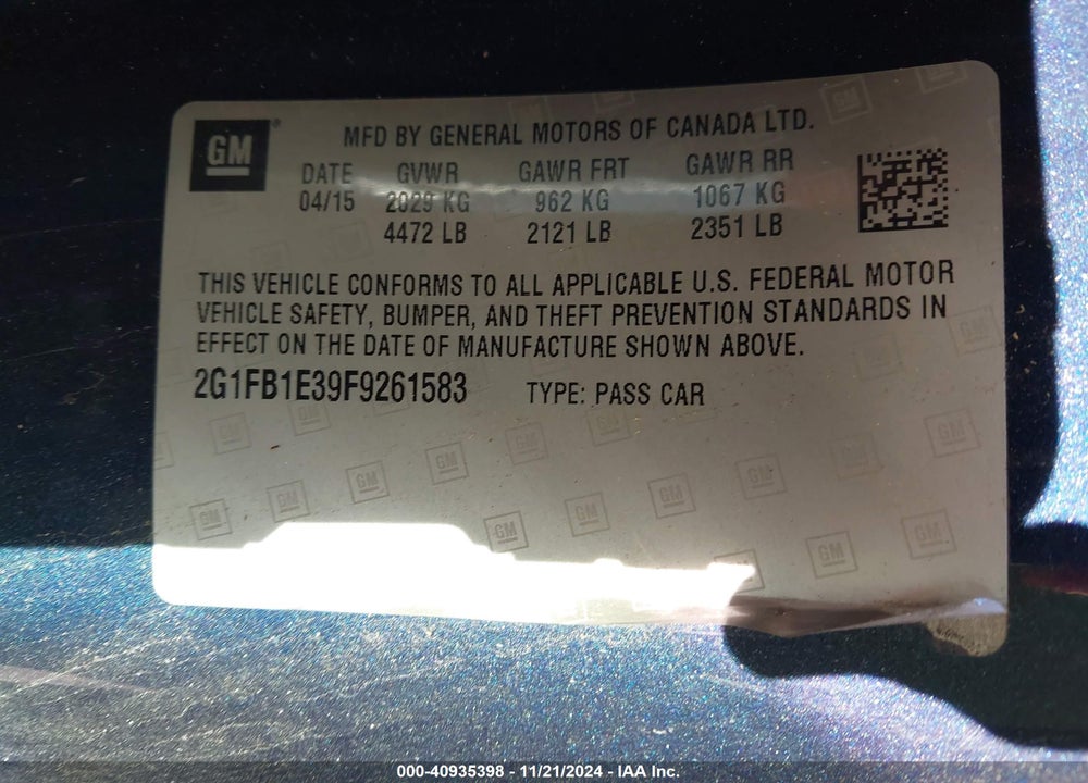 2015 CHEVROLET CAMARO 2LS VIN: 2G1FB1E39F9261583