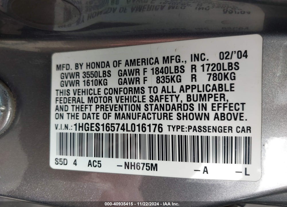 2004 HONDA CIVIC LX VIN: 1HGES16574L016176