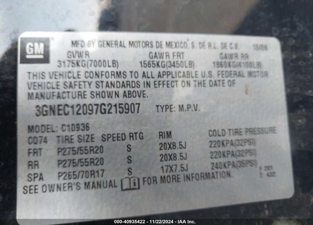 2007 CHEVROLET AVALANCHE 1500 LT VIN: 3GNEC12097G215907