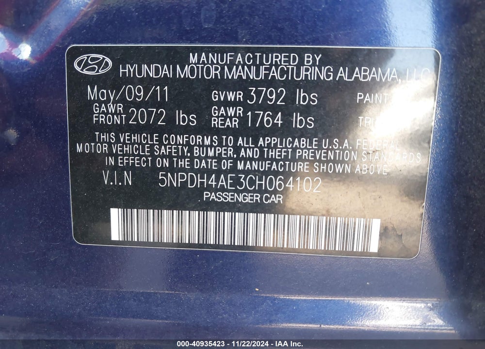 2012 HYUNDAI ELANTRA GLS VIN: 5NPDH4AE3CH064102