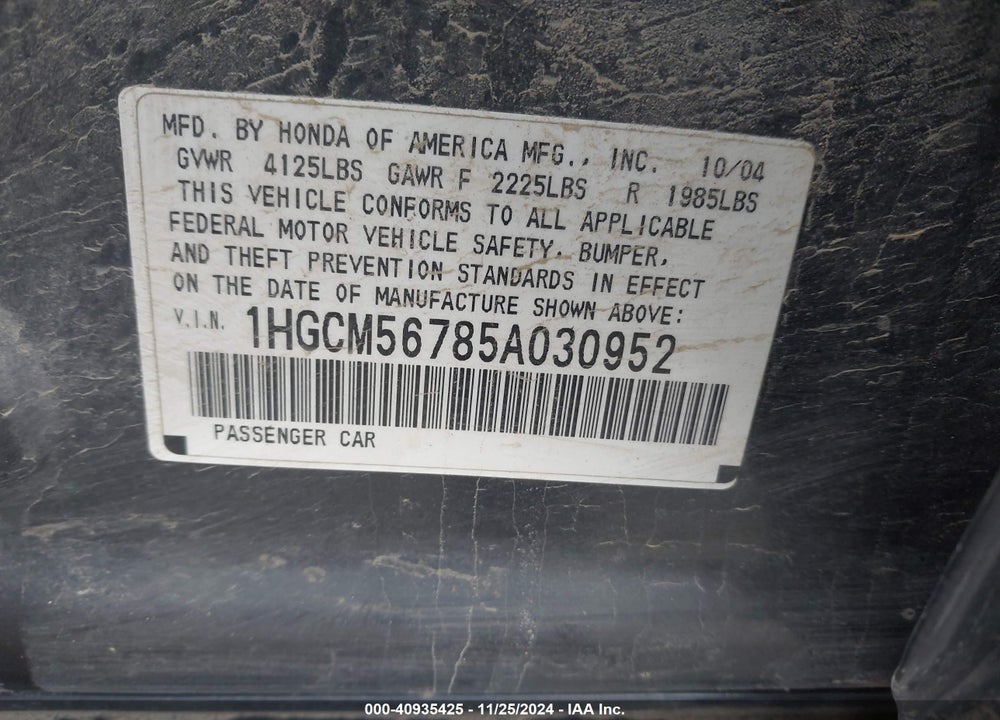 2005 HONDA ACCORD 2.4 EX VIN: 1HGCM56785A030952