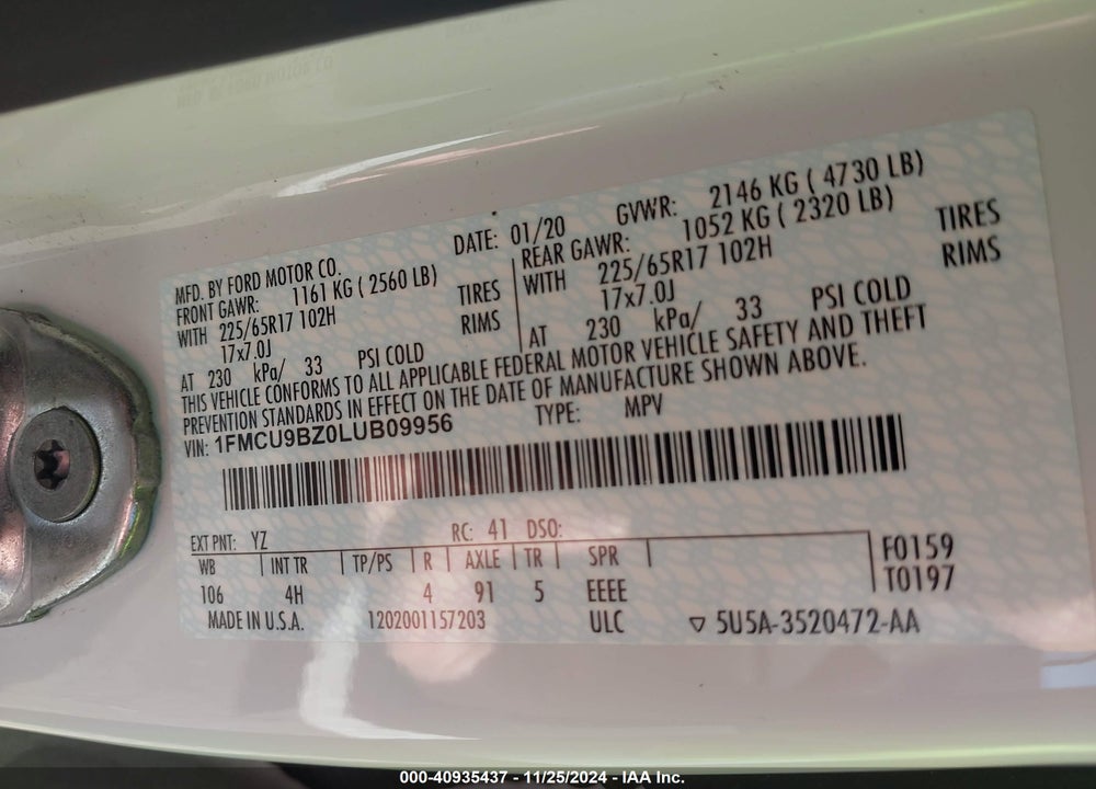 2020 FORD ESCAPE SE SPORT HYBRID VIN: 1FMCU9BZ0LUB09956