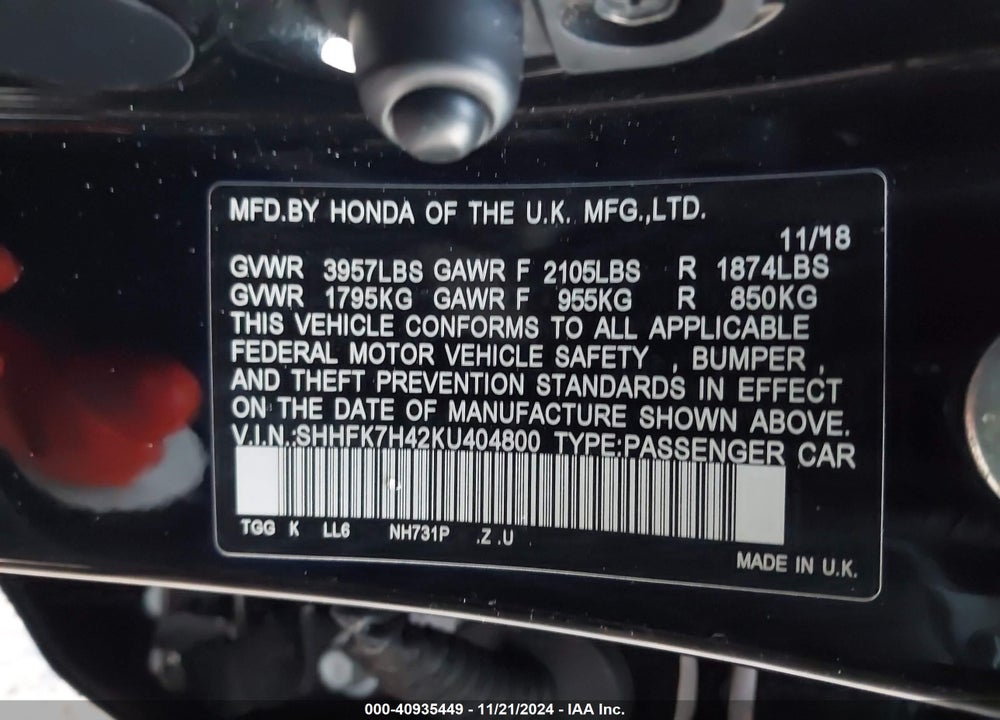 2019 HONDA CIVIC VIN: SHHFK7H42KU404800
