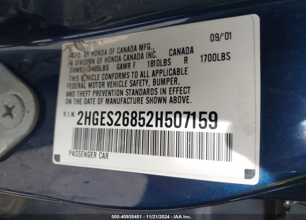 2002 HONDA CIVIC EX VIN: 2HGES26852H507159