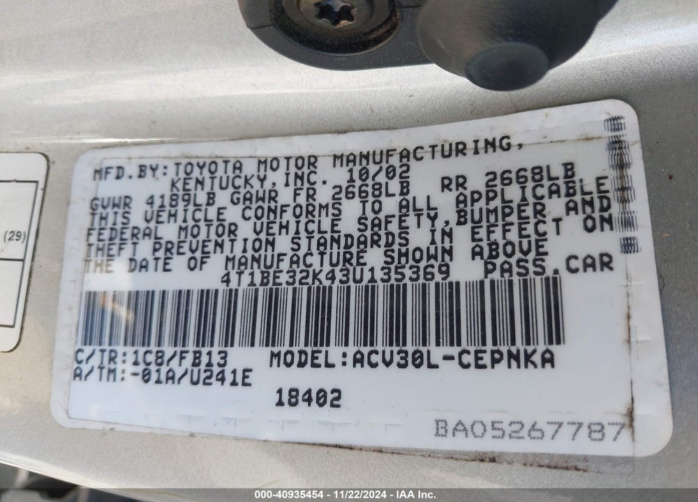 2003 TOYOTA CAMRY LE VIN: 4T1BE32K43U135369