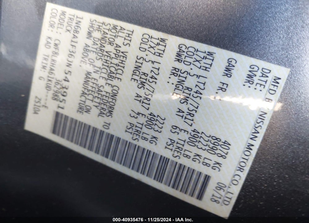 2018 NISSAN TITAN XD S DIESEL VIN: 1N6BA1F36JN543951