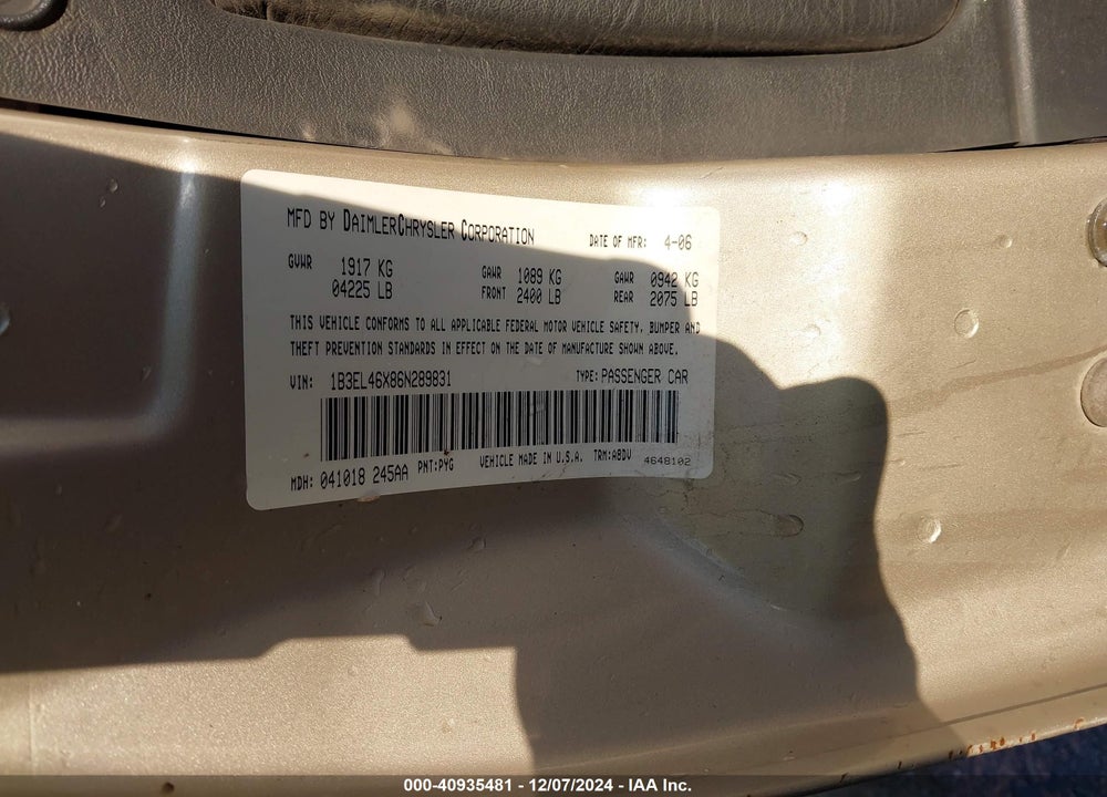 2006 DODGE STRATUS SXT VIN: 1B3EL46X86N289831