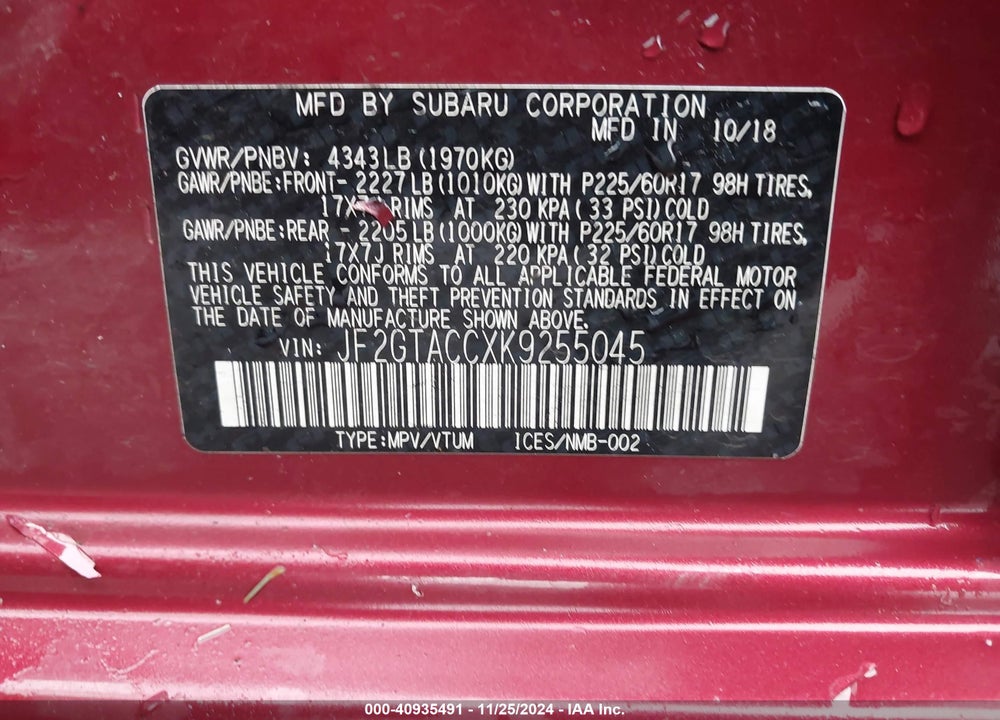 2019 SUBARU CROSSTREK 2.0I PREMIUM VIN: JF2GTACCXK9255045