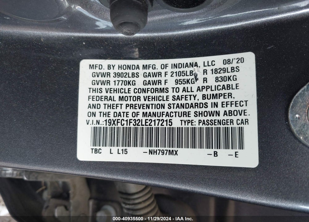 2020 HONDA CIVIC EX VIN: 19XFC1F32LE217215