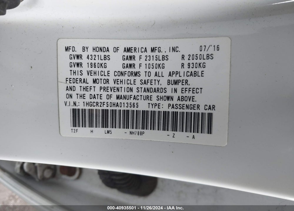 2017 HONDA ACCORD SPORT VIN: 1HGCR2F50HA013565