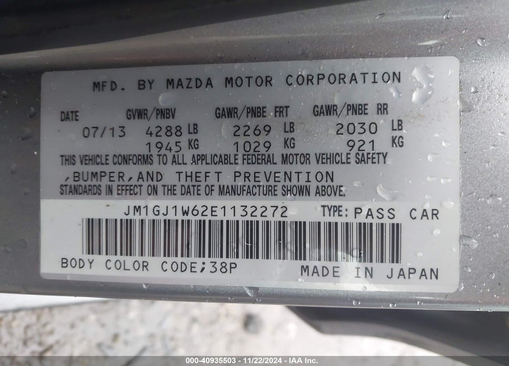 2014 MAZDA 6 I GRAND TOURING VIN: JM1GJ1W62E1132272