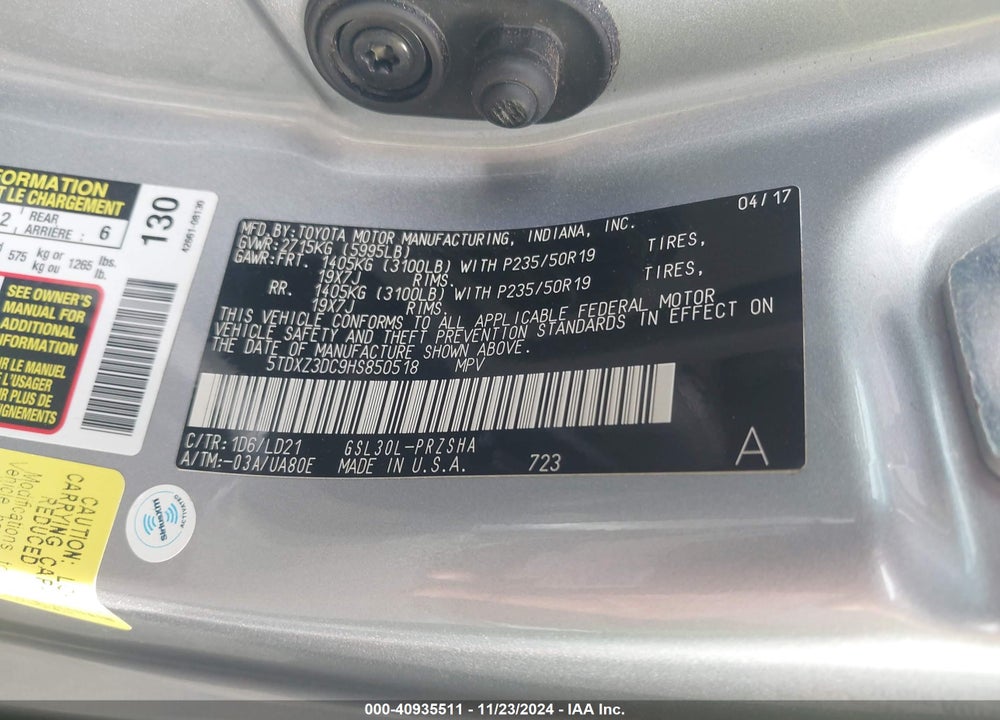 2017 TOYOTA SIENNA SE 8 PASSENGER VIN: 5TDXZ3DC9HS850518