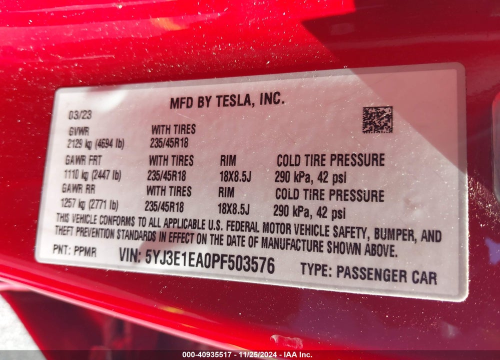 2023 TESLA MODEL 3 REAR-WHEEL DRIVE VIN: 5YJ3E1EA0PF503576