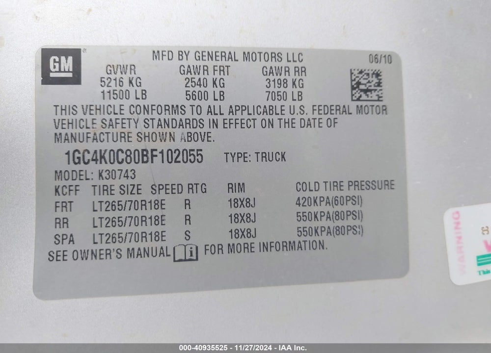 2011 CHEVROLET SILVERADO 3500HD LT VIN: 1GC4K0C80BF102055