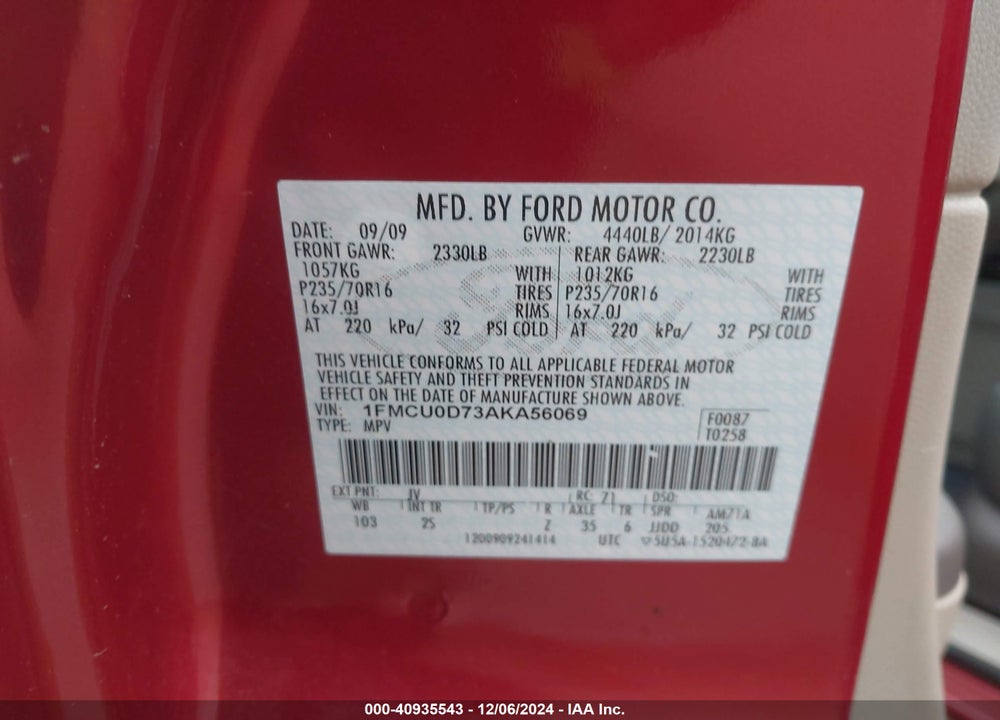 2010 FORD ESCAPE XLT VIN: 1FMCU0D73AKA56069