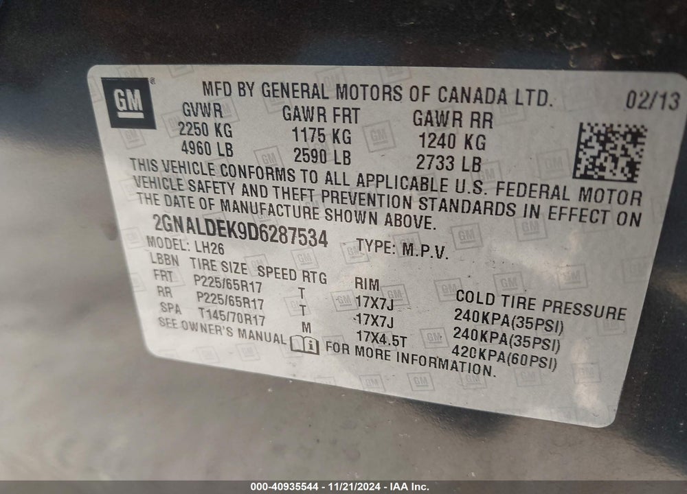 2013 CHEVROLET EQUINOX 1LT VIN: 2GNALDEK9D6287534