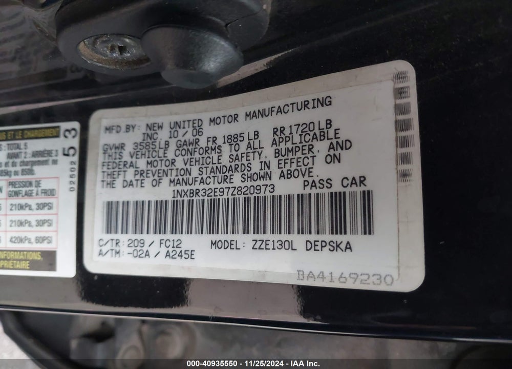 2007 TOYOTA COROLLA S VIN: 1NXBR32E97Z820973