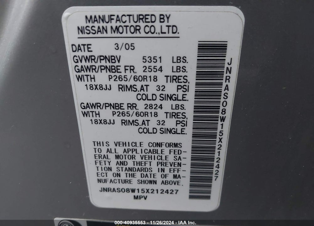 2005 INFINITI FX35 VIN: JNRAS08W15X212427