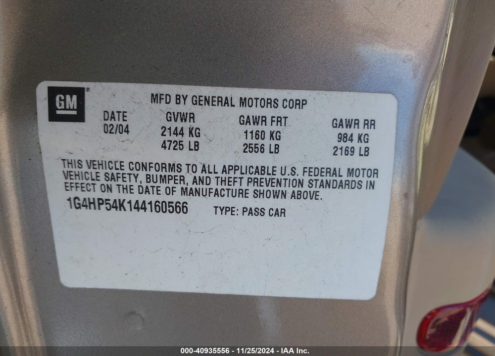 2004 BUICK LESABRE CUSTOM VIN: 1G4HP54K144160566