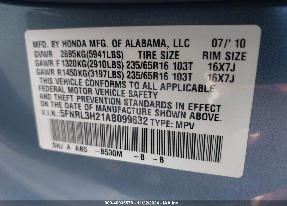 2010 HONDA ODYSSEY LX VIN: 5FNRL3H21AB099632