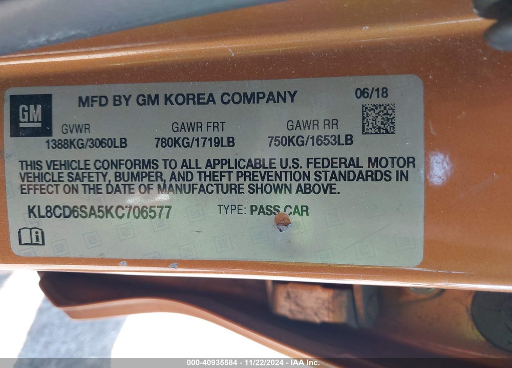 2019 CHEVROLET SPARK 1LT CVT VIN: KL8CD6SA5KC706577