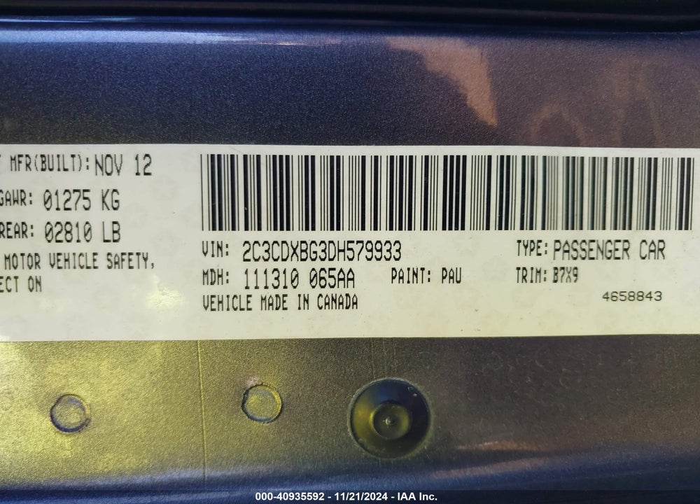 2013 DODGE CHARGER SE VIN: 2C3CDXBG3DH579933