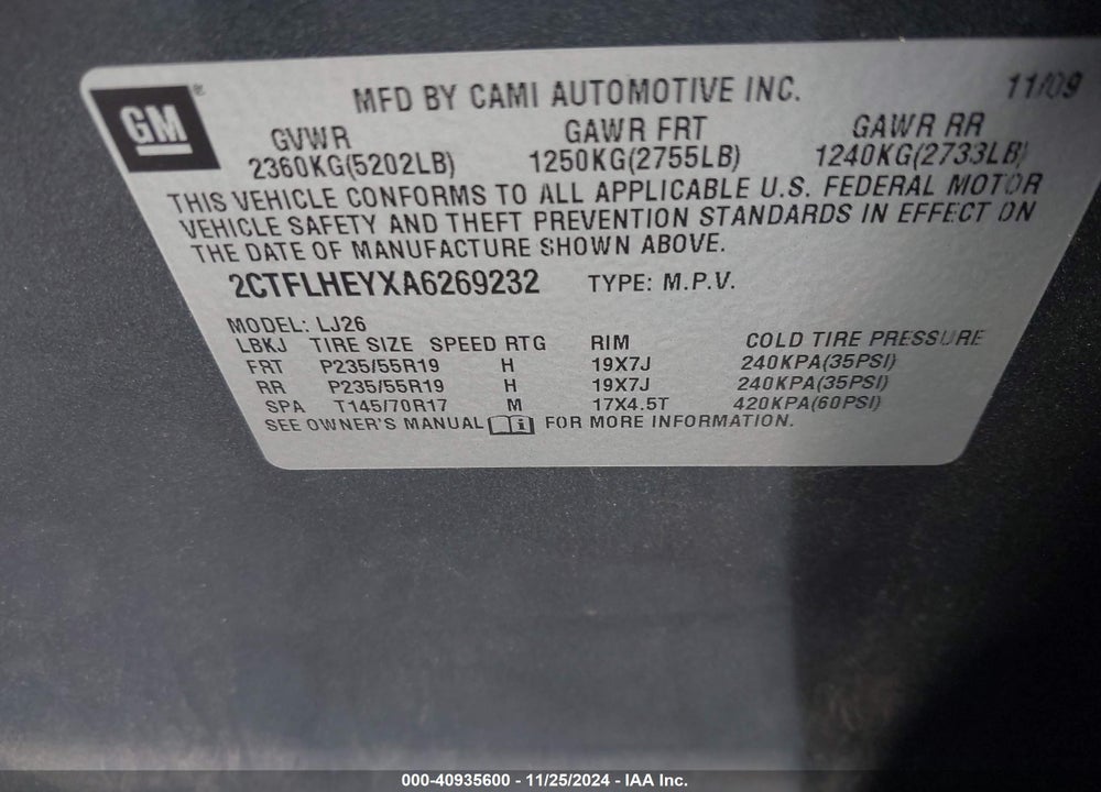 2010 GMC TERRAIN SLT-2 VIN: 2CTFLHEYXA6269232
