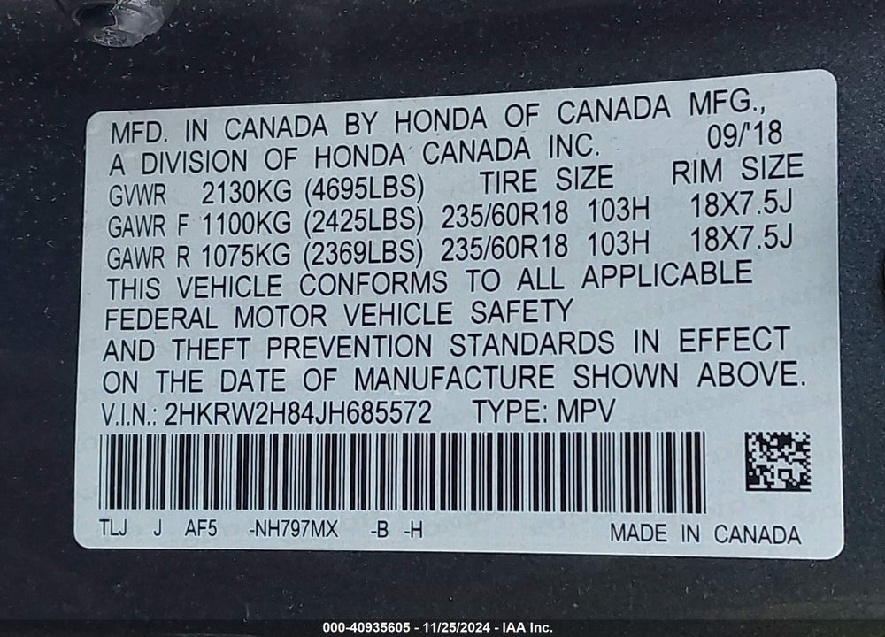 2018 HONDA CR-V EX-L/EX-L NAVI VIN: 2HKRW2H84JH685572
