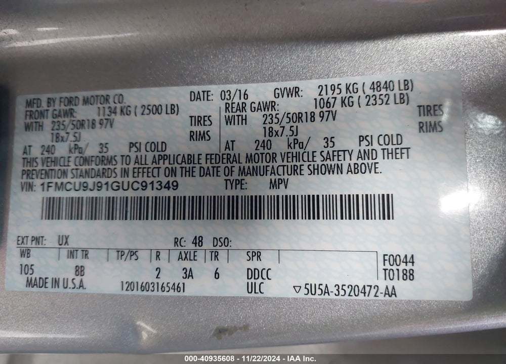 2016 FORD ESCAPE TITANIUM VIN: 1FMCU9J91GUC91349