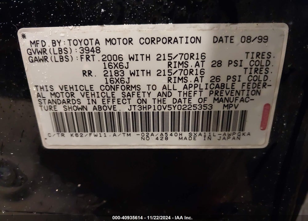 2000 TOYOTA RAV4 VIN: JT3HP10V5Y0225353