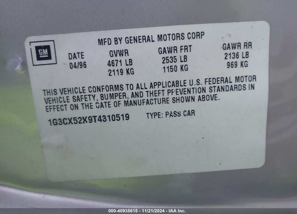 1996 OLDSMOBILE 98 REGENCY ELITE VIN: 1G3CX52K9T4310519